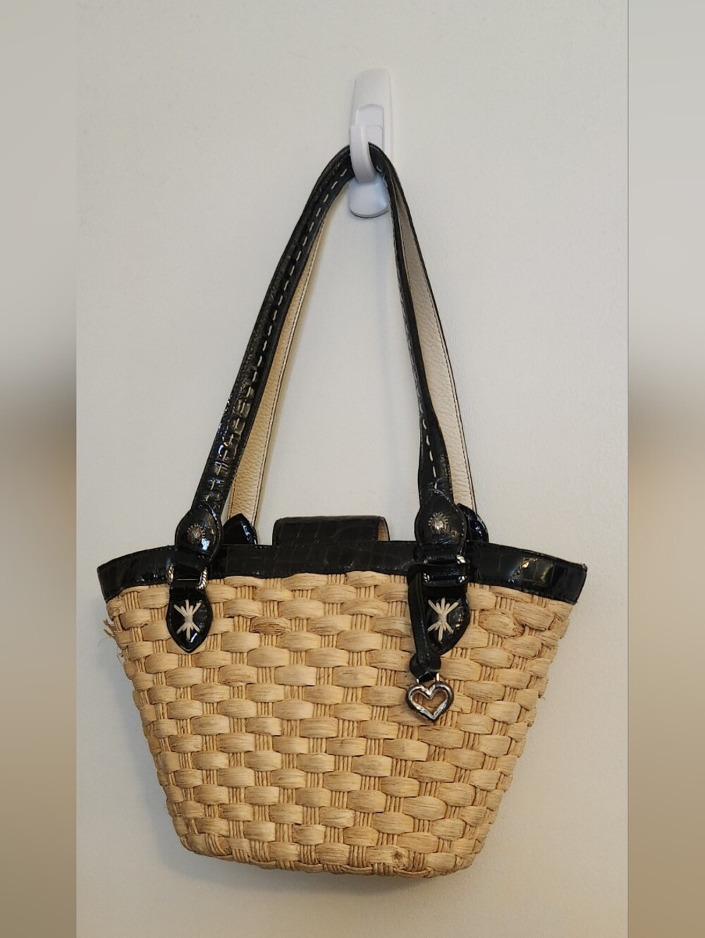 Brighton Natural Woven Straw Shoulder Bag with Black Trim & Heart Charm